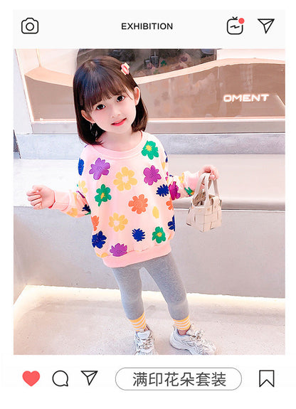 Children's 2023 Spring and Autumn New Girls' Sweaters, Casual, Versatile, Western-style Flowers, Small and Medium-sized Children's Tops, Baby Bottoming Shirts 