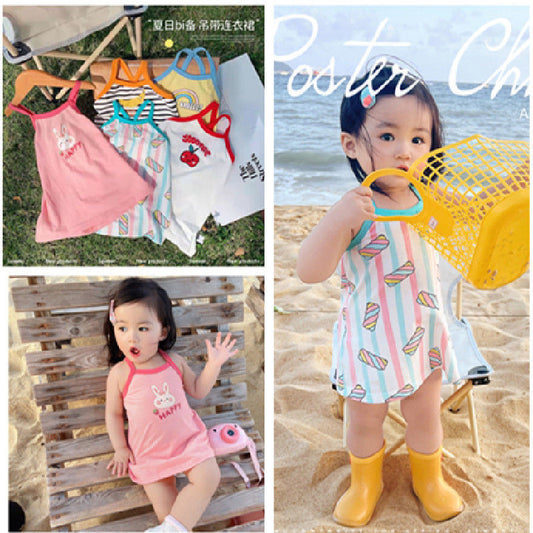 Children's suspender baby skirt summer ice silk print baby summer dress children's backless skirt single piece thin style 