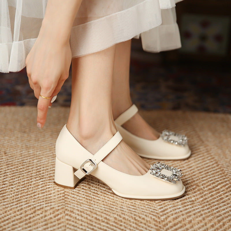 JH628-3 shallow mid-heel single shoes for women with rhinestone square buckle, one-word buckle thick heel shoes, French Mary Jane shoes 