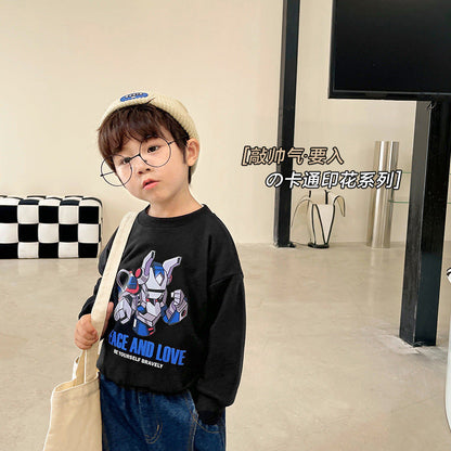 100% pure cotton spring and autumn new children's clothing boys' sweatshirts fashionable and versatile round neck tops cute cartoon trend 