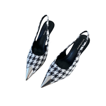 887-3 metal toe-toe strap sandals with empty back, houndstooth plaid temperament women's shoes, small size commuting stilettos 