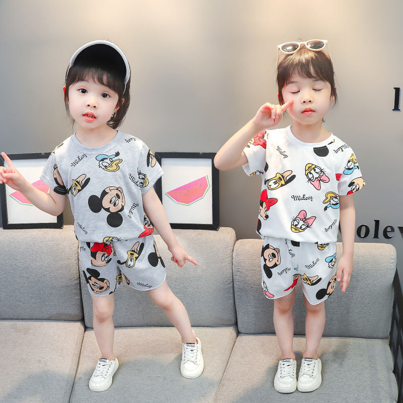 2023 new summer men's and women's sports suits for 2-year-old children 1 Western style cartoon print 2-piece set 3 short sleeves 4 T-shirt shorts 