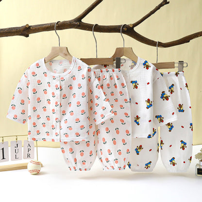 Children's Thin Double-layer Cotton Gauze Pajamas Summer Girls Home Clothes Boys Baby Long-Sleeved Bloomers Suit Spring and Autumn 