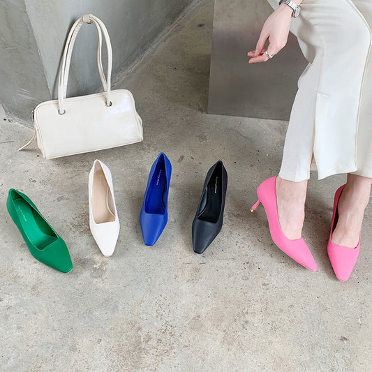 909-2 Pointed Toe Commuting Work Shoes Korean Style Temperament Interview High Heels One-Leg Shallow Mouth Simple Shoes for Women 