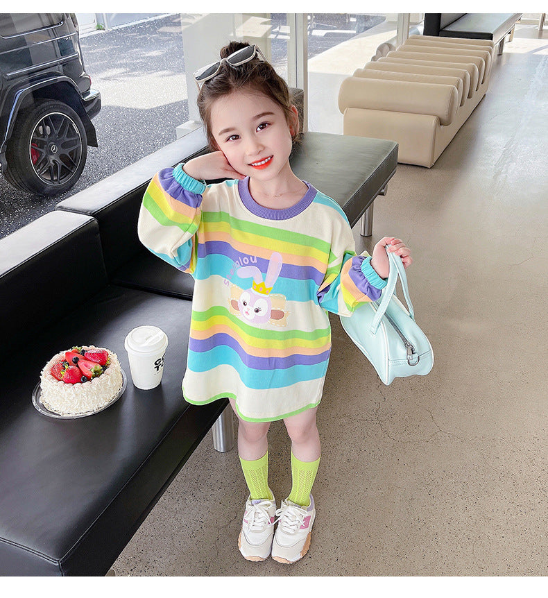 Star Dew Girls Striped Long Sleeve T-Shirt Dress Girls Cartoon Rabbit Dress Baby Skirt Spring and Autumn Fashionable Fashion 