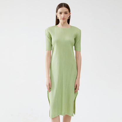 Miyake 2023 new summer solid color short-sleeved slim dress women's mid-length simple bottoming pleated A-line skirt 