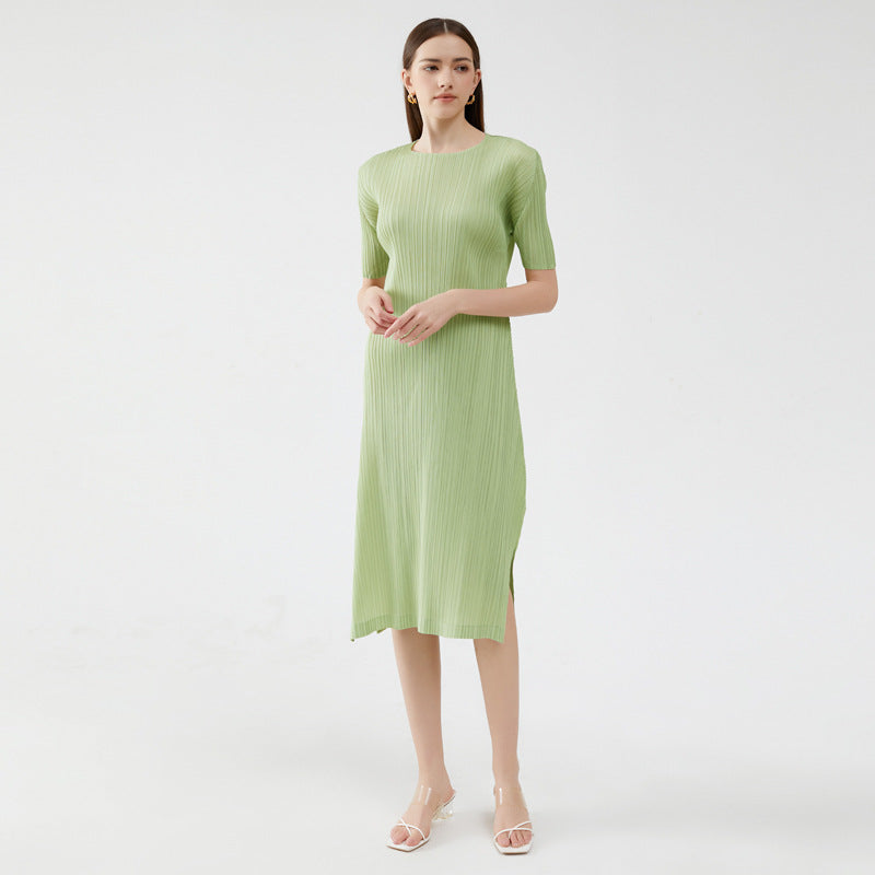 Miyake 2023 new summer solid color short-sleeved slim dress women's mid-length simple bottoming pleated A-line skirt 