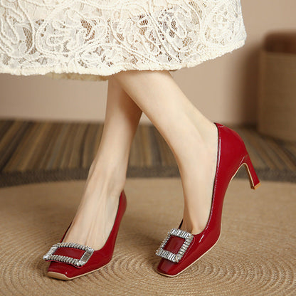 5079-1 square buckle rhinestone sexy red high heels Korean style patent leather square toe fashion banquet stiletto women's shoes 