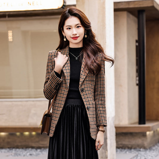 Brown houndstooth suit jacket for women spring 2023 new high-end small casual plaid small suit spring 