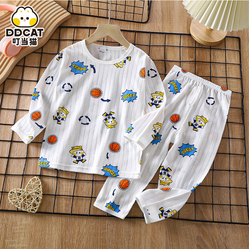 2023 New Children's Cotton Home Clothing Set Summer Long Sleeve Pajamas Thin Air Conditioning Clothing for Boys and Girls 