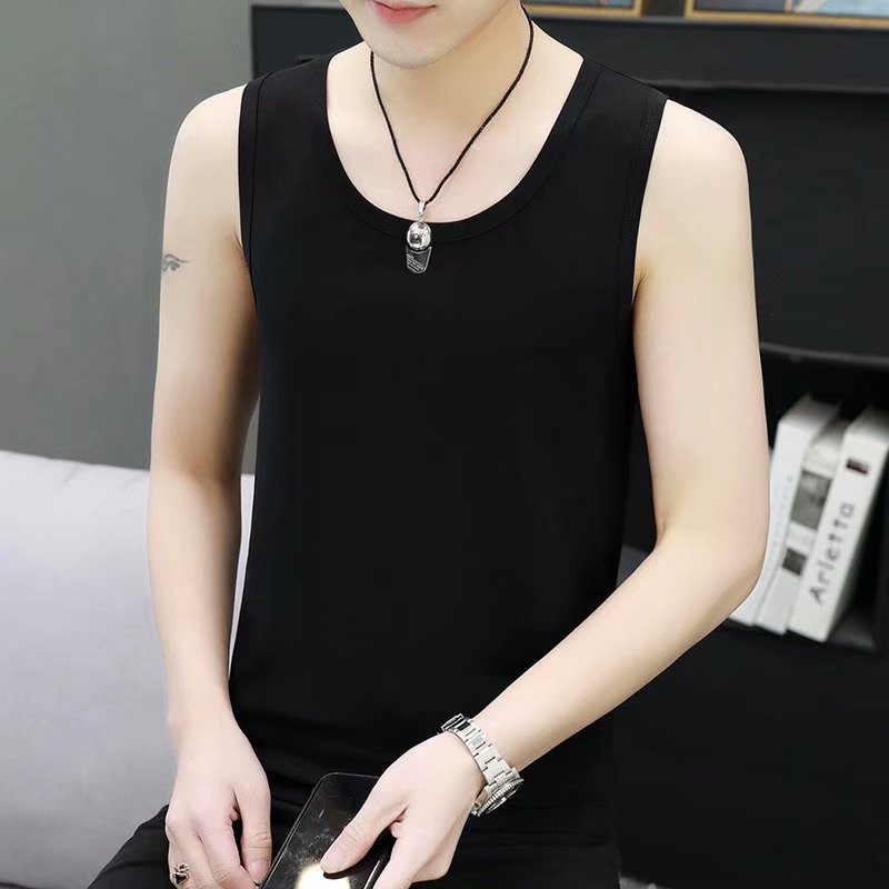 New men's summer elastic black vest wide shoulder sleeveless round neck slim large size sweat vest bottoming shirt foreign trade 