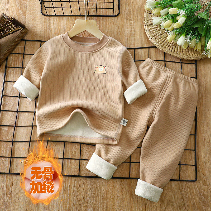 Children's warm suit plus velvet and thickened autumn and winter new baby base underwear, middle-aged children's autumn clothes and long pants children's suit