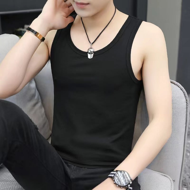 New men's summer elastic black vest wide shoulder sleeveless round neck slim large size sweat vest bottoming shirt foreign trade 