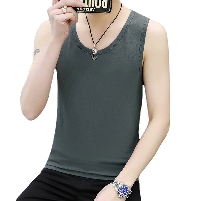 New men's summer elastic black vest wide shoulder sleeveless round neck slim large size sweat vest bottoming shirt foreign trade 