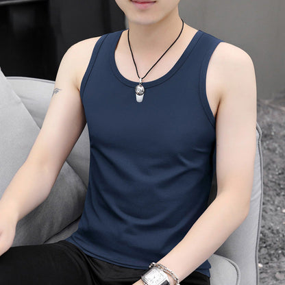 New men's summer elastic black vest wide shoulder sleeveless round neck slim large size sweat vest bottoming shirt foreign trade 