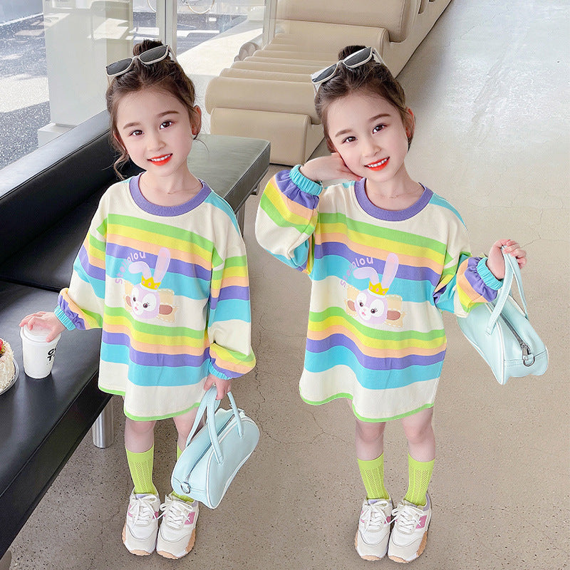 Star Dew Girls Striped Long Sleeve T-Shirt Dress Girls Cartoon Rabbit Dress Baby Skirt Spring and Autumn Fashionable Fashion 