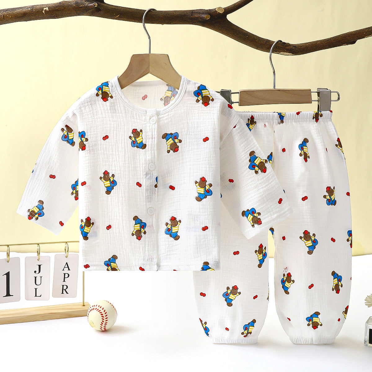 Children's Thin Double-layer Cotton Gauze Pajamas Summer Girls Home Clothes Boys Baby Long-Sleeved Bloomers Suit Spring and Autumn 