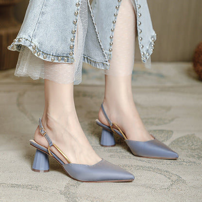 French Baotou Sandals Women's 2021 Summer and Autumn New Fairy Style Pointed Toe Back Hollow Thick Heels Single Shoes Satin High Heels Women's Shoes 