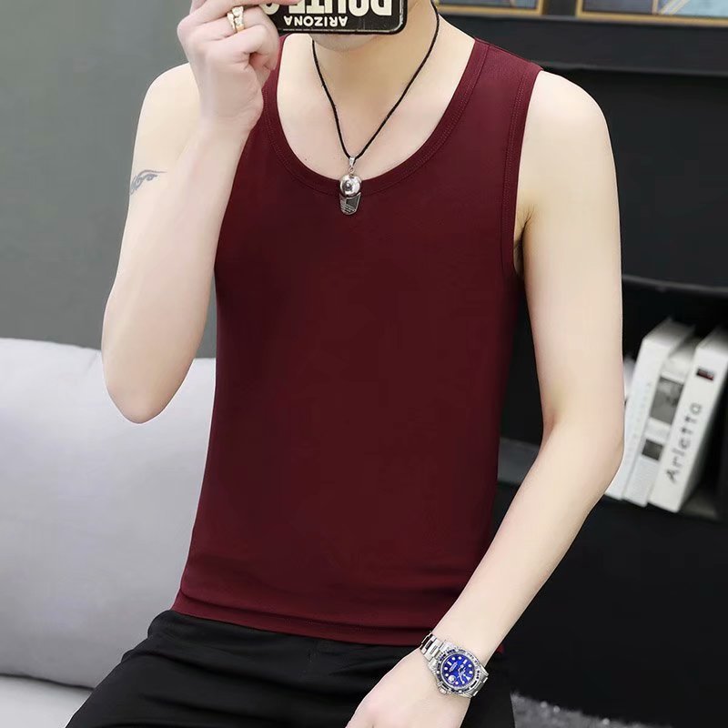 New men's summer elastic black vest wide shoulder sleeveless round neck slim large size sweat vest bottoming shirt foreign trade 