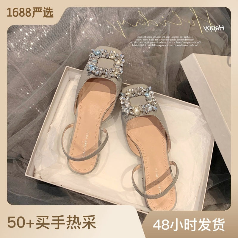 [shei Su Yinyin] Bank of the Rhine ~ Rhinestone Xin Yuda bag square toe hollow back flat sandals commuting shoes 