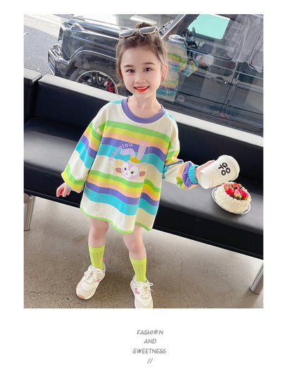 Star Dew Girls Striped Long Sleeve T-Shirt Dress Girls Cartoon Rabbit Dress Baby Skirt Spring and Autumn Fashionable Fashion 