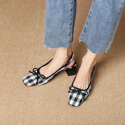 3337-33 Xiaoxiangfeng thick heel square toe medium heel sandals summer new plaid high-quality back hollow toe women's shoes 