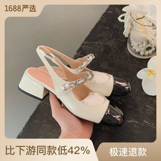 Grape Mama studiolee girly style pearl chain shallow mouth hollow back thick heel bag toe Mary Jane sandals for women 