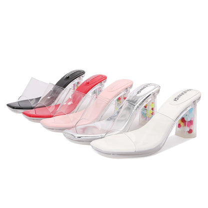 Fairy style thong toe sandals for external wear, colorful transparent crystal thick heels, high heels, daily shopping, foreign trade, Southeast Asia 