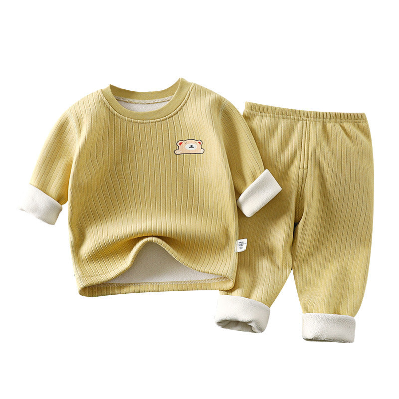 Children's warm suit plus velvet and thickened autumn and winter new baby base underwear, middle-aged children's autumn clothes and long pants children's suit