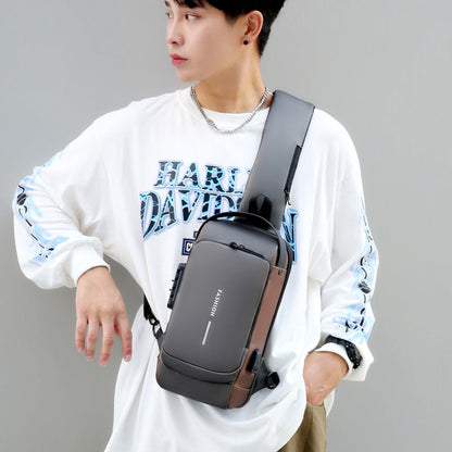 Cross-border wholesale creative men's chest bag with logo printed nylon shoulder crossbody bag women's motorcycle bag anti-theft usb charging 