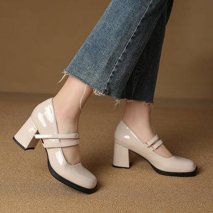 Hepburn retro thick heel Mary Jane shoes 2023 spring new square toe shallow mouth buckle high heel shoes for women 