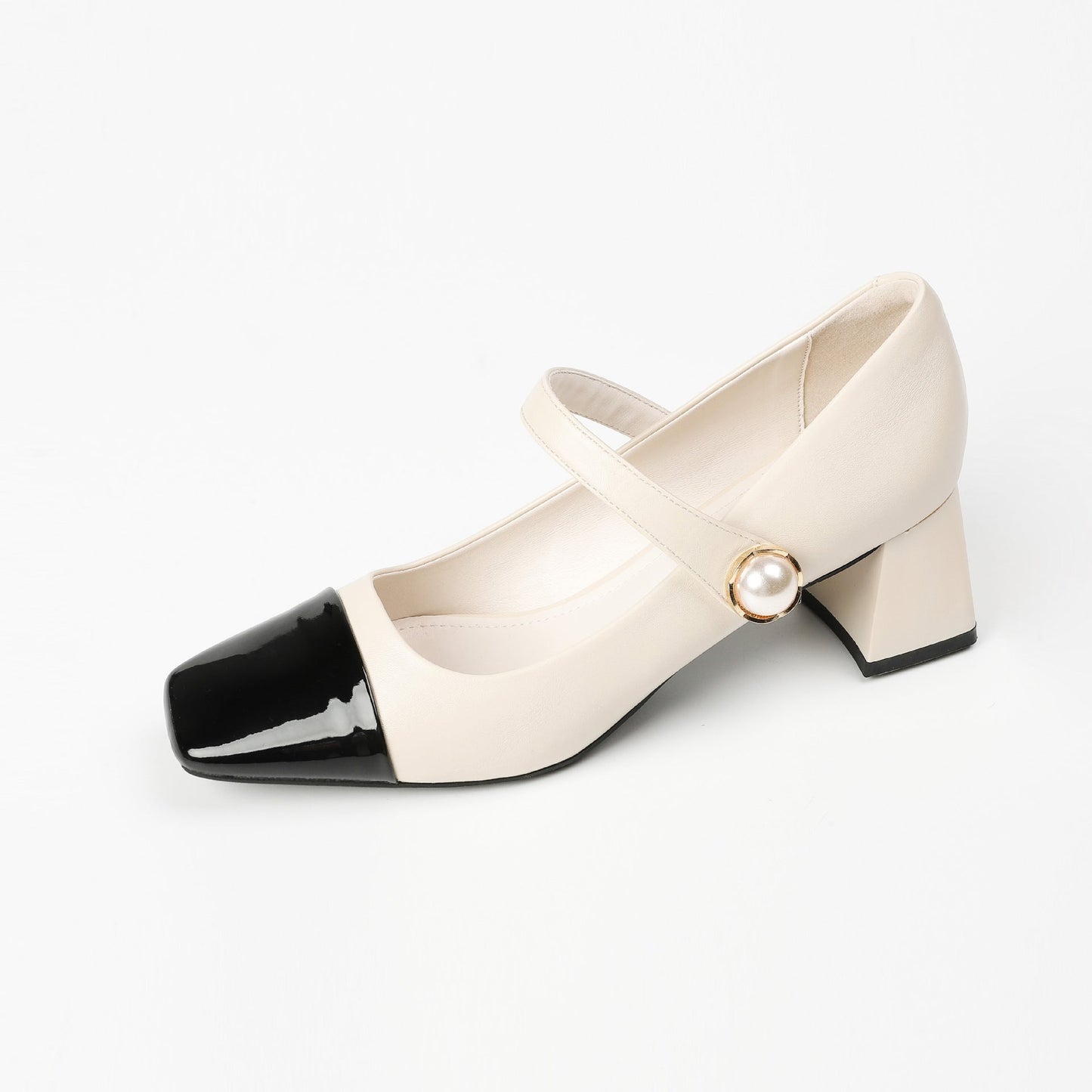 3337-21 French color-blocked Mary Jane shoes with thick heels, new square toe medium heels, one-strap women's shoes 