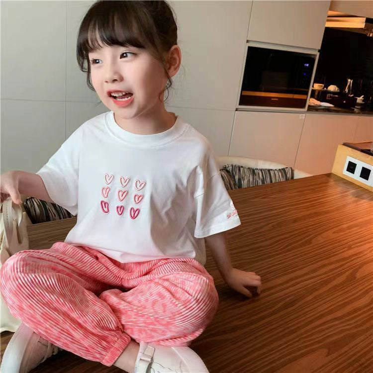 Cotton girls suit 2023 new internet celebrity girl short-sleeved T-shirt anti-mosquito pants two-piece children's sports suit 