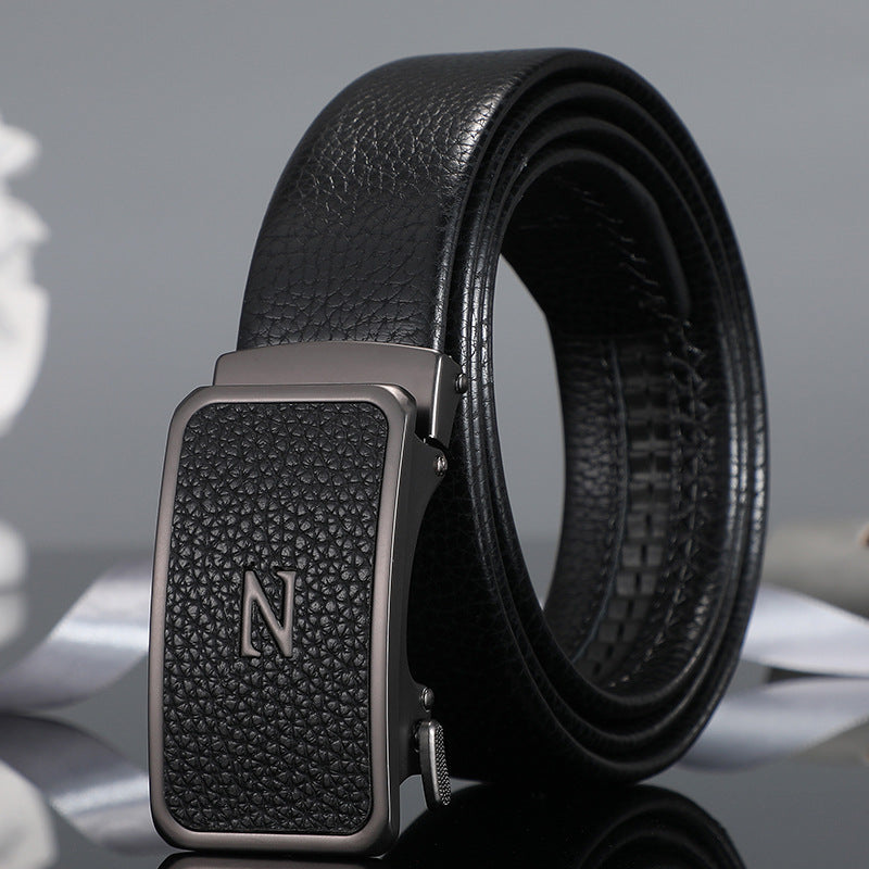 Men's belt automatic buckle laminated leather alloy buckle head litchi pattern business casual belt men wholesale one piece drop shipping