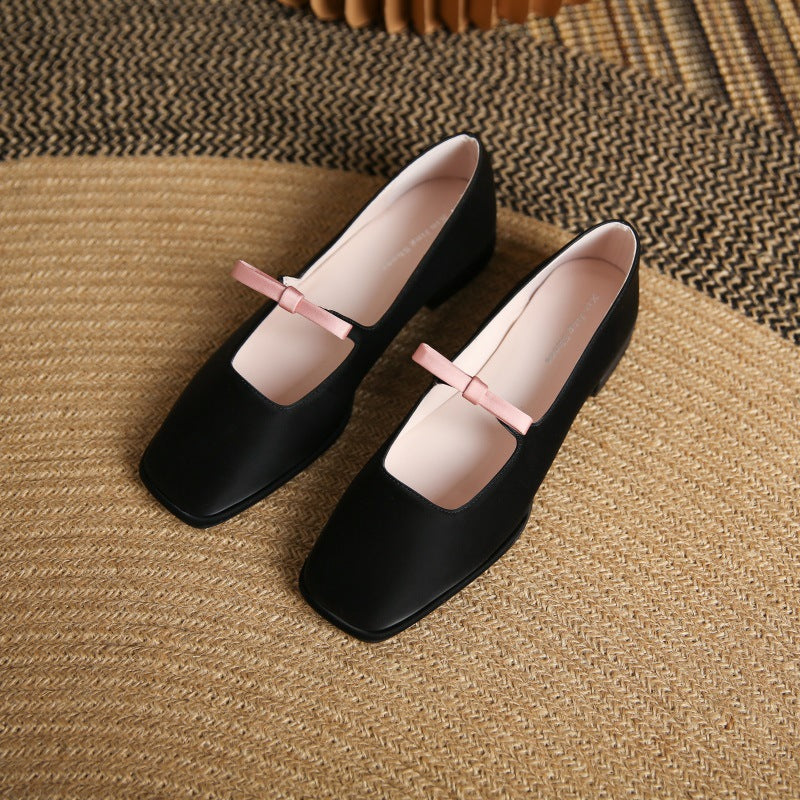 JH-6 square toe Mary Jane shoes women's one-word bow shallow mouth low heel single shoes summer French slip-on women's shoes 