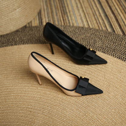 97035-2 pointed toe splicing stiletto French shallow high heels new bow tie color matching fashionable commuter women's shoes 