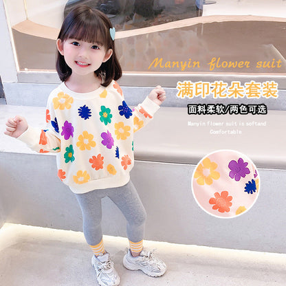 Children's 2023 Spring and Autumn New Girls' Sweaters, Casual, Versatile, Western-style Flowers, Small and Medium-sized Children's Tops, Baby Bottoming Shirts 