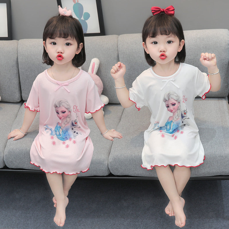 Girls ice silk pajamas summer thin princess short-sleeved little girl cute home clothes baby girl breathable air-conditioned clothes 