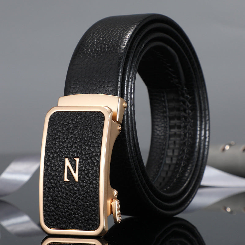 Men's belt automatic buckle laminated leather alloy buckle head litchi pattern business casual belt men wholesale one piece drop shipping