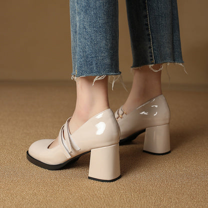 Hepburn retro thick heel Mary Jane shoes 2023 spring new square toe shallow mouth buckle high heel shoes for women 