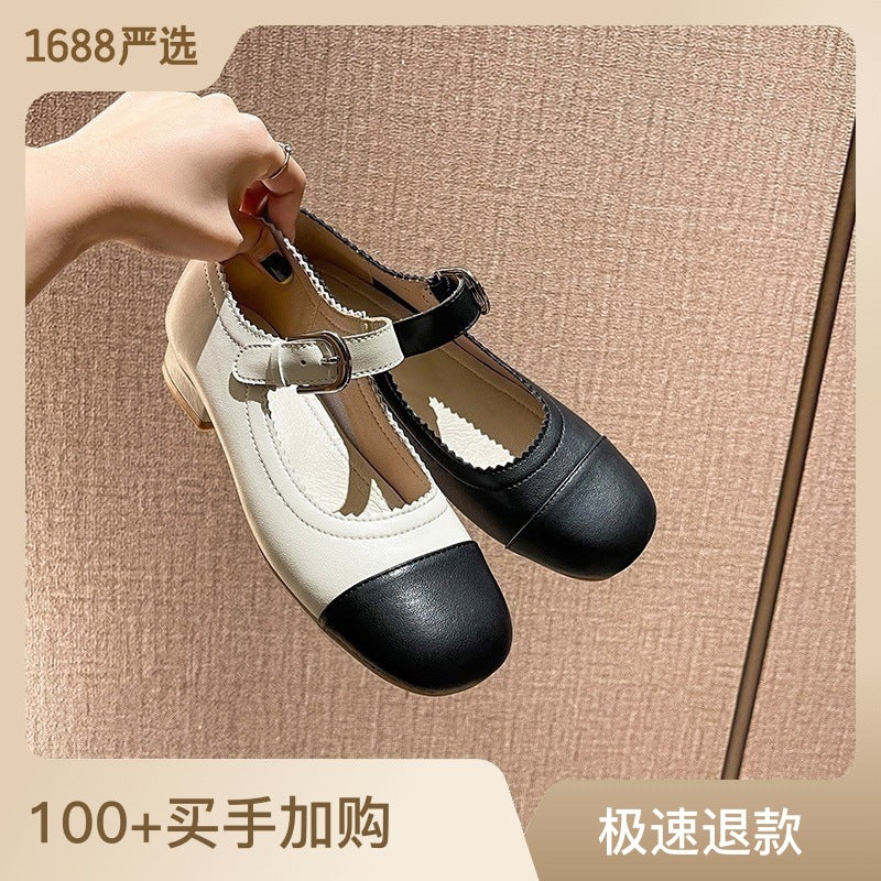 Grape Mom's same style genuine leather French square toe flat low heel small fragrant style Mary Jane shoes for women 