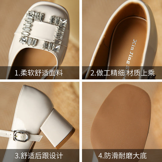 JH628-5 medium heel single shoes for women with rhinestone square buckle, one-word buckle thick heel shoes, French temperament Mary Jane shoes 