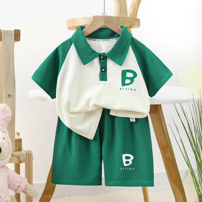 Children's short-sleeved suit summer thin new style boys waffle shorts suit summer clothes children's clothing wholesale 