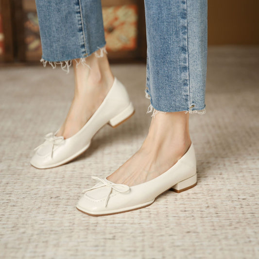 JH-11 Xiaoxiangfeng square toe thick heel bow women's shoes new solid color low-top shallow mouth flat heel casual shoes 