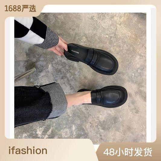 Grape Mom's new style thick-soled small leather shoes spring and autumn thick-heeled British style slip-on loafers for women 