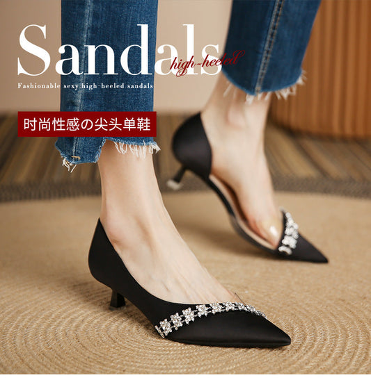 135-3 European and American style slip-on women's shoes French pointed toe stiletto pumps with temperament and rhinestone high heels