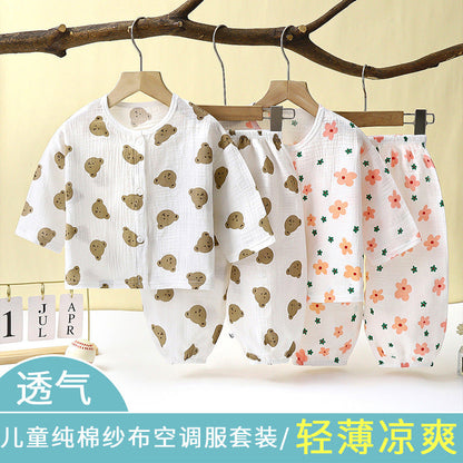 Children's Thin Double-layer Cotton Gauze Pajamas Summer Girls Home Clothes Boys Baby Long-Sleeved Bloomers Suit Spring and Autumn 