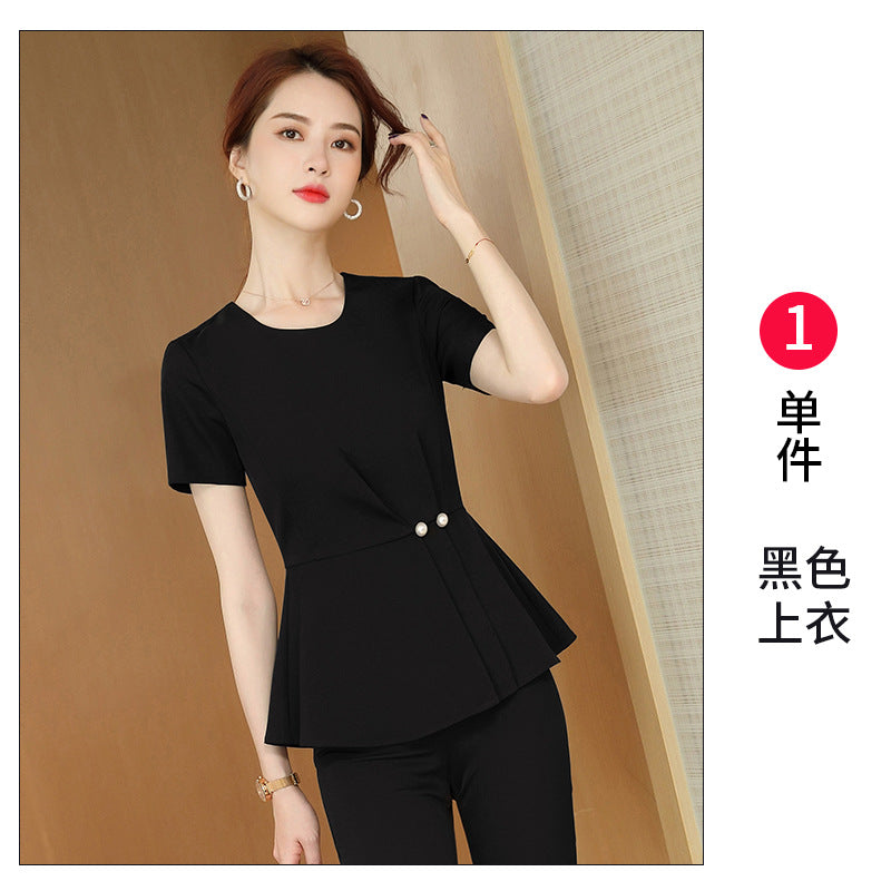 Black beauty salon temperament work clothes for women summer short-sleeved small blazer beautician medical beauty professional attire suit 