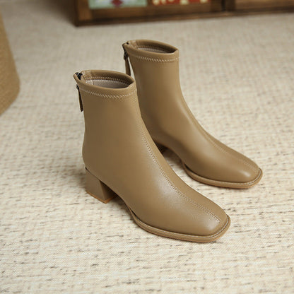 935-13 Square Toe Thick Heel Boots Short Boots Women's 2024 New Medium Heel Short Boots Spring Autumn Winter Knight Boots Short Tube Slim Boots 