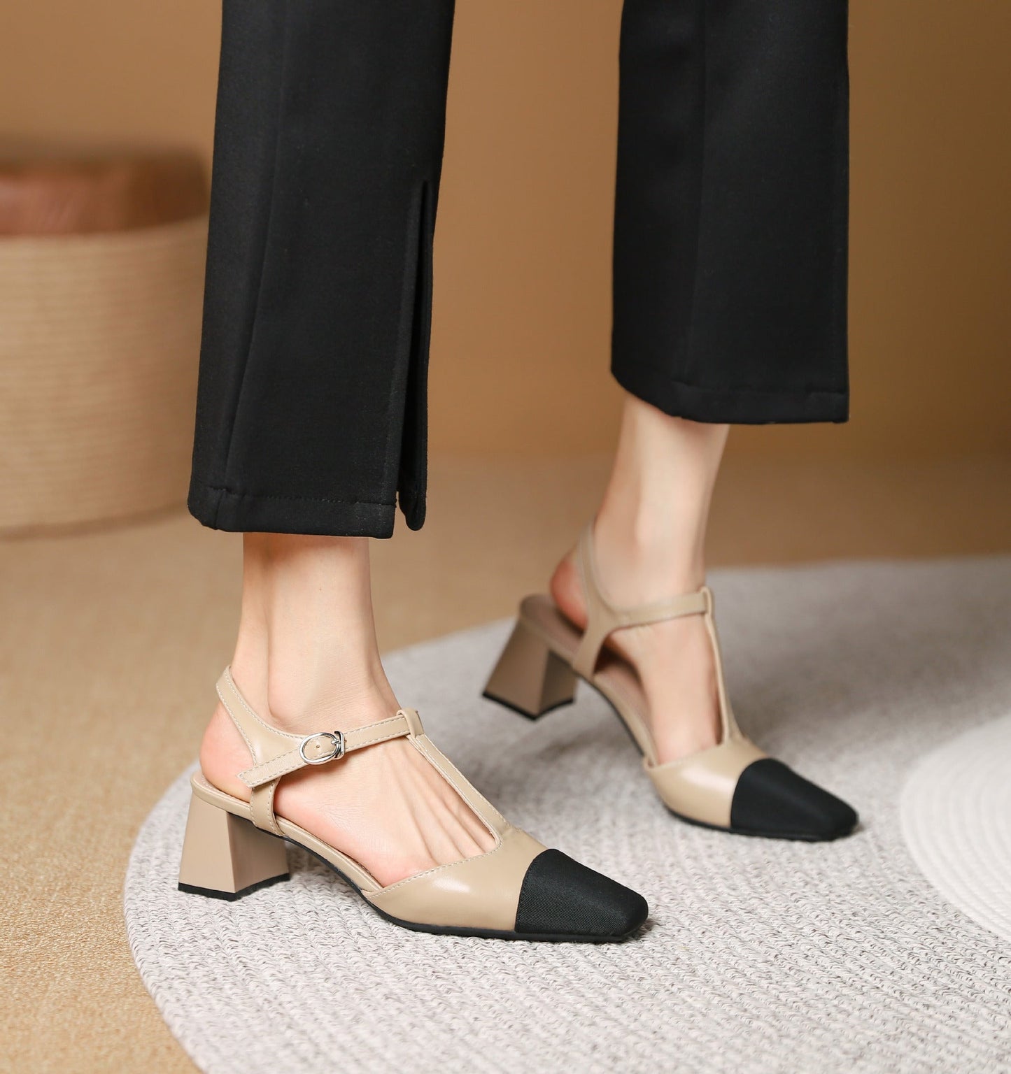 3337-50 Color block square toe high heels for women new square toe versatile thick heel T-strap sandals French style shoes for women 